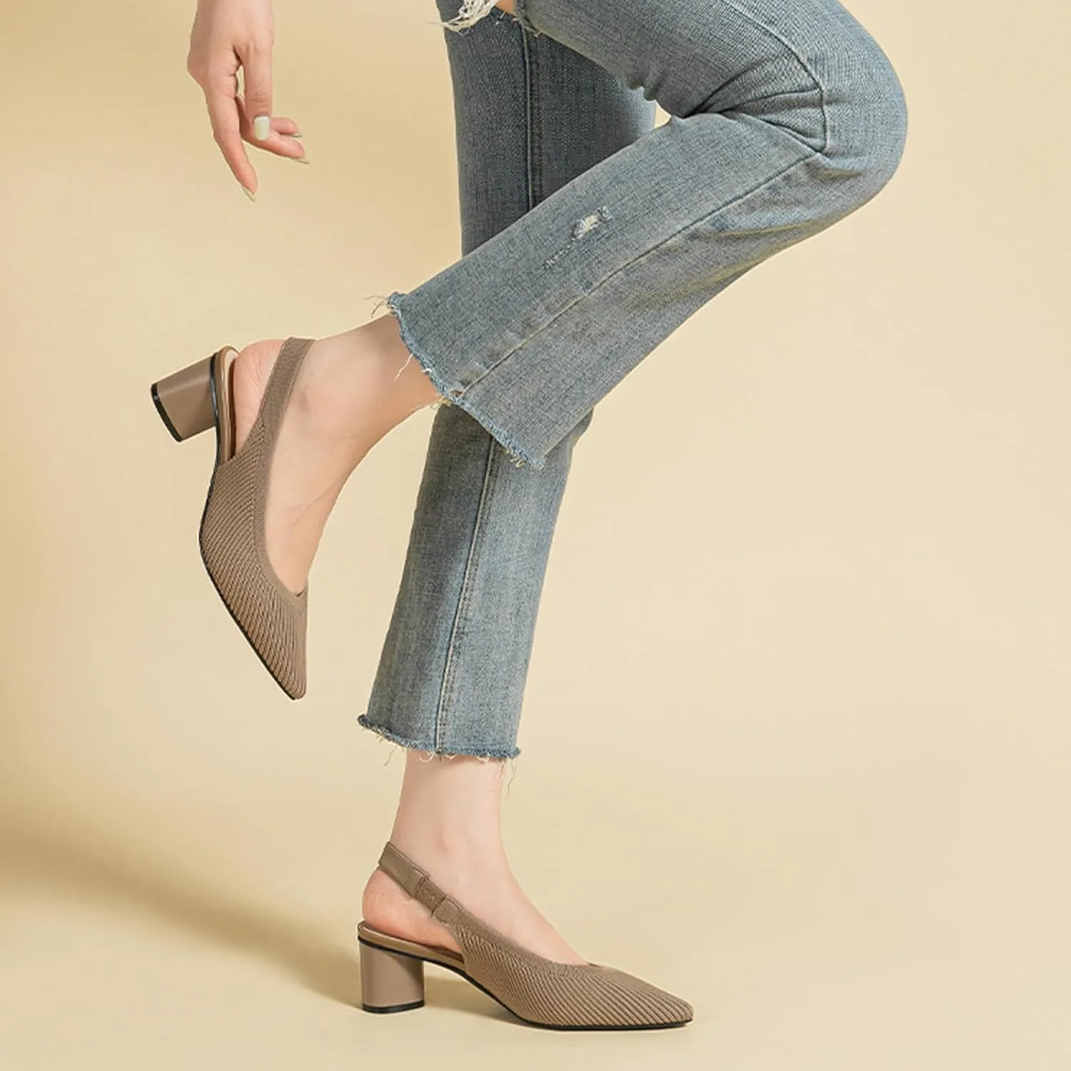 Women's Knitted Pointed Toe Slingback Heels Pumps,Comfortable Elastic Band Chunky Heel Sandals Low Heel Slip On Casual Work Office Dress Shoes