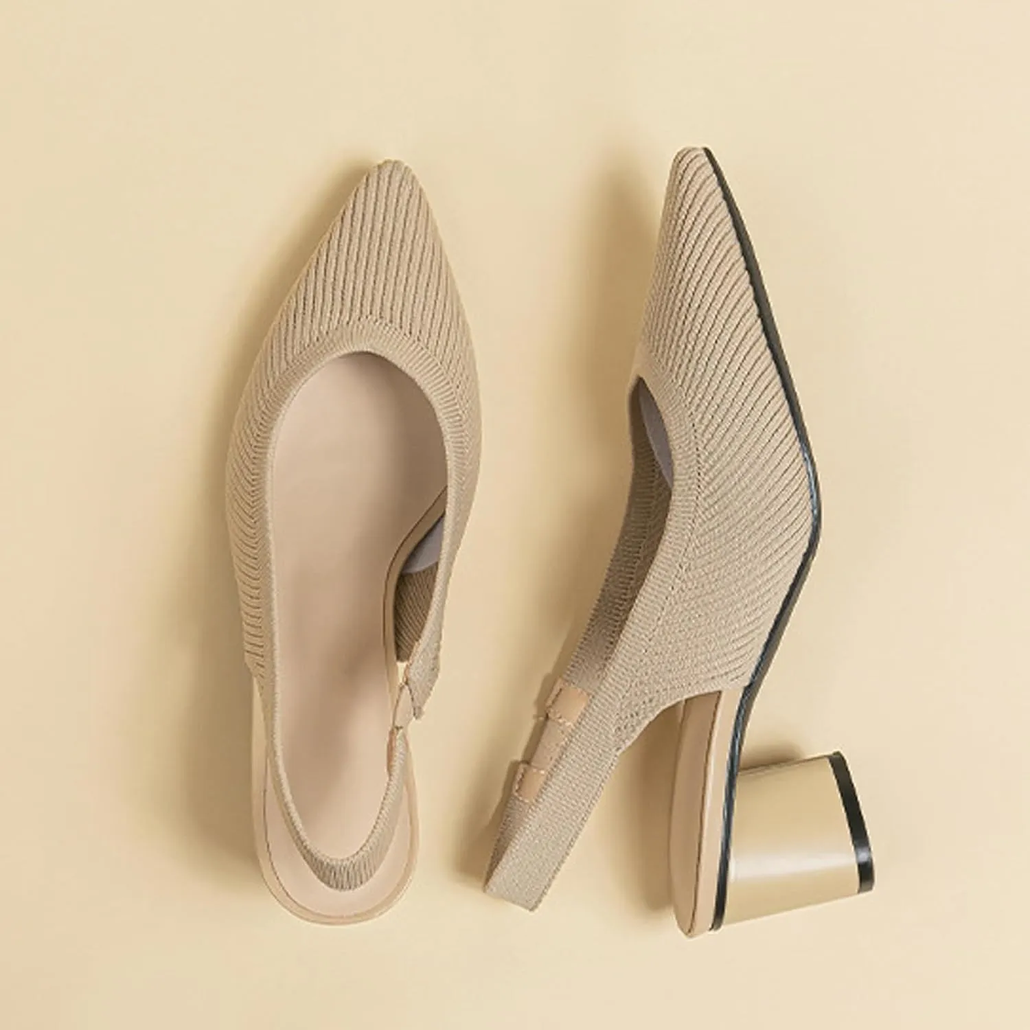 Women's Knitted Pointed Toe Slingback Heels Pumps,Comfortable Elastic Band Chunky Heel Sandals Low Heel Slip On Casual Work Office Dress Shoes