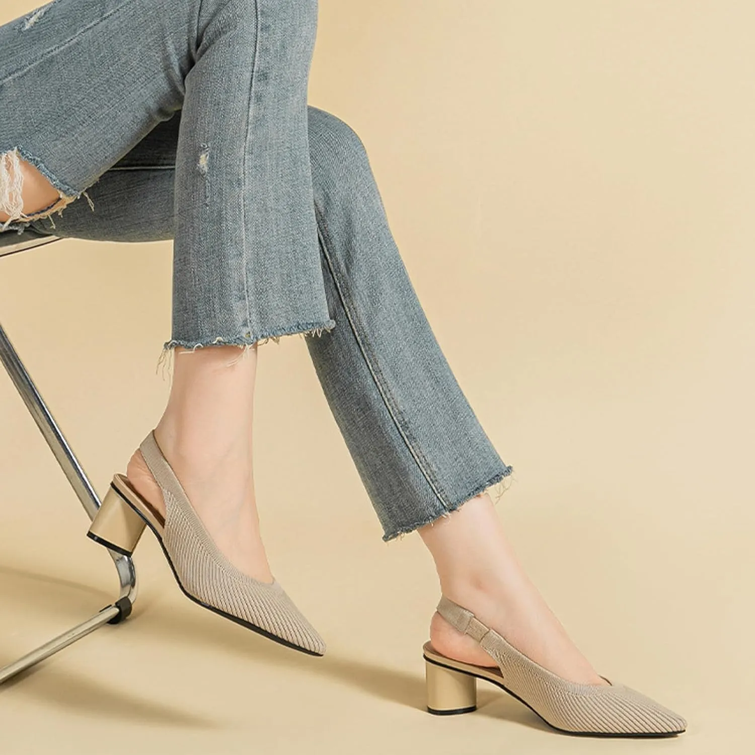Women's Knitted Pointed Toe Slingback Heels Pumps,Comfortable Elastic Band Chunky Heel Sandals Low Heel Slip On Casual Work Office Dress Shoes
