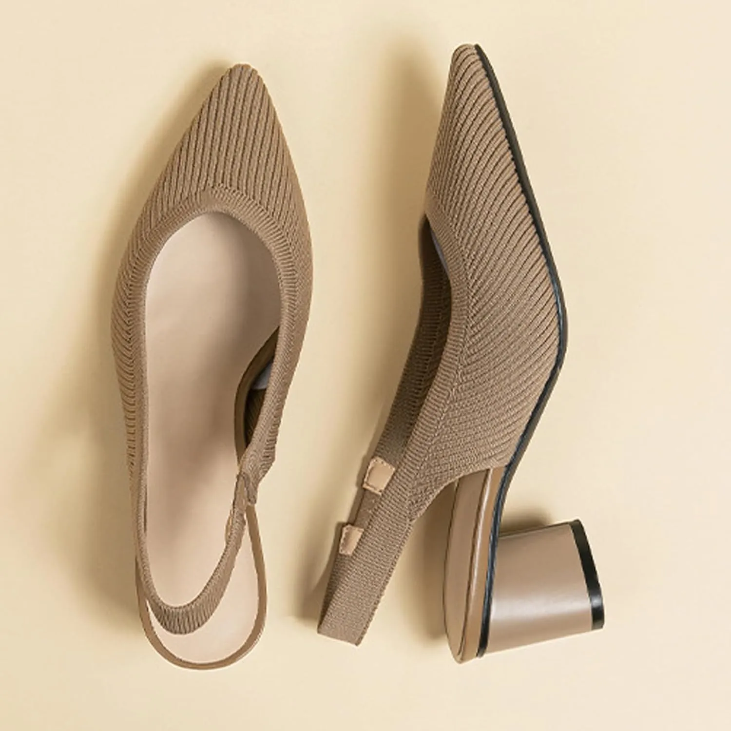 Women's Knitted Pointed Toe Slingback Heels Pumps,Comfortable Elastic Band Chunky Heel Sandals Low Heel Slip On Casual Work Office Dress Shoes