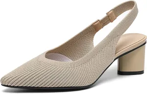 Women's Knitted Pointed Toe Slingback Heels Pumps,Comfortable Elastic Band Chunky Heel Sandals Low Heel Slip On Casual Work Office Dress Shoes