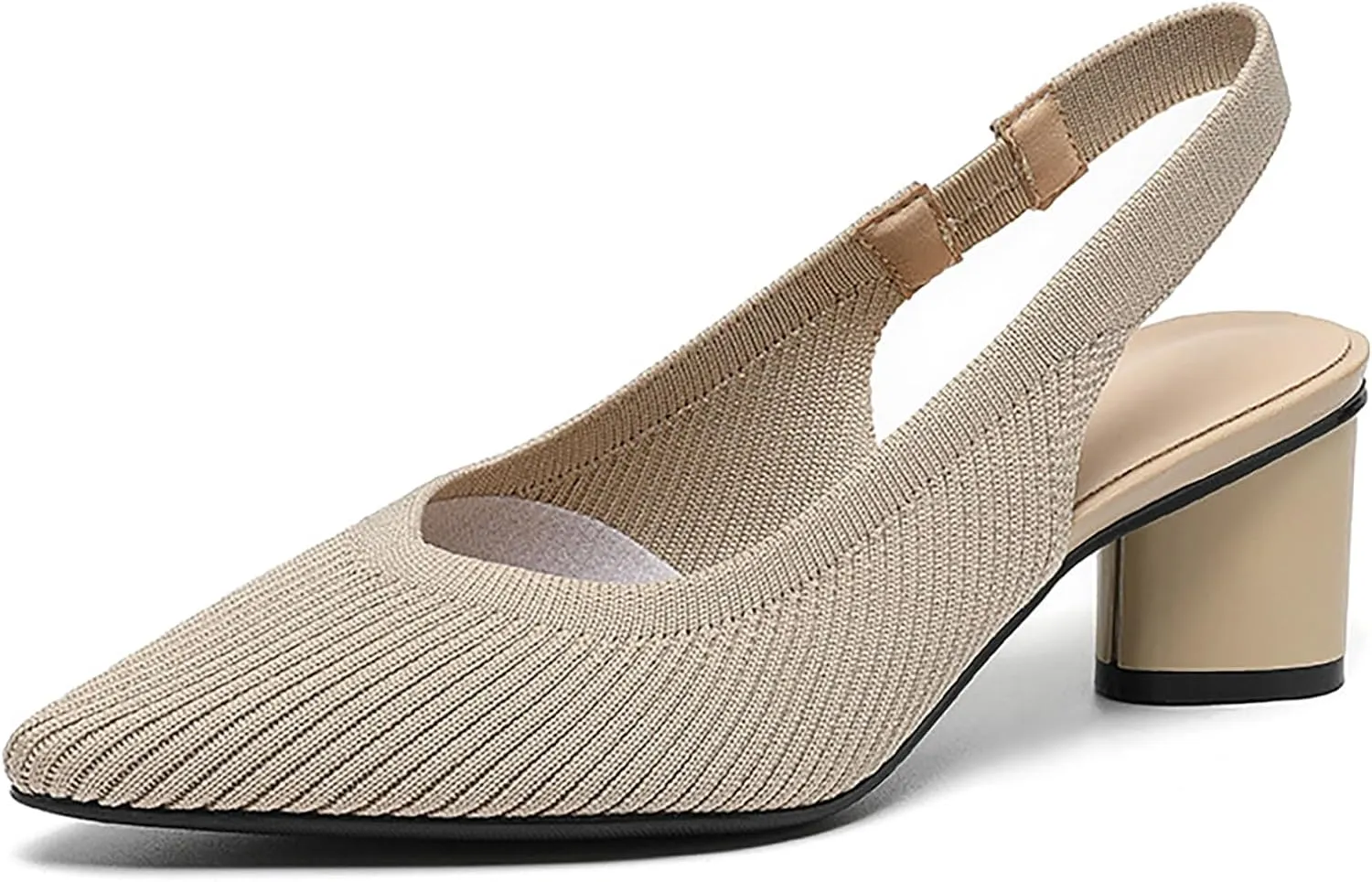 Women's Knitted Pointed Toe Slingback Heels Pumps,Comfortable Elastic Band Chunky Heel Sandals Low Heel Slip On Casual Work Office Dress Shoes