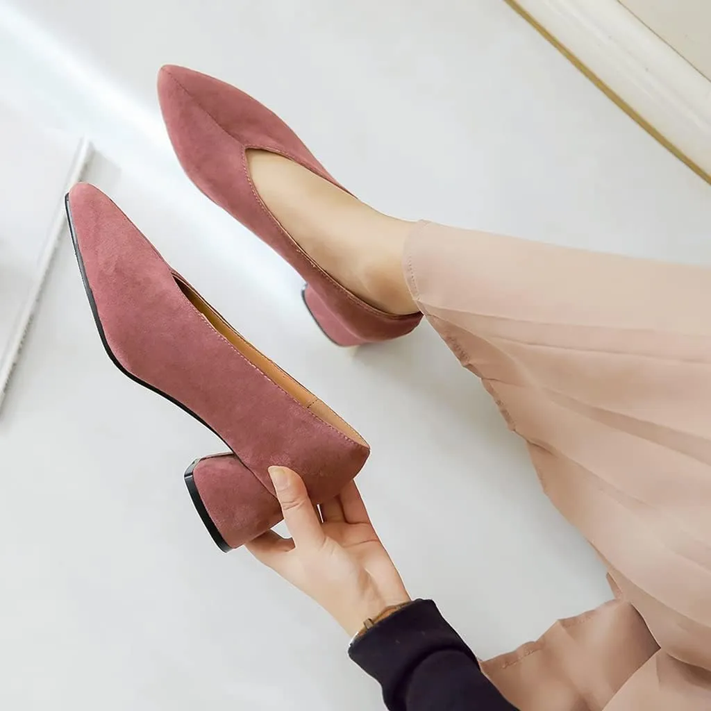 Women's Pointed Toe Chunky Block Mid Heel Pumps Suede Slip-On Loafer Casual Work Office Dress Shoes