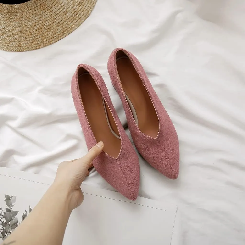 Women's Pointed Toe Chunky Block Mid Heel Pumps Suede Slip-On Loafer Casual Work Office Dress Shoes