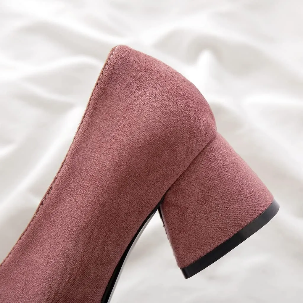 Women's Pointed Toe Chunky Block Mid Heel Pumps Suede Slip-On Loafer Casual Work Office Dress Shoes
