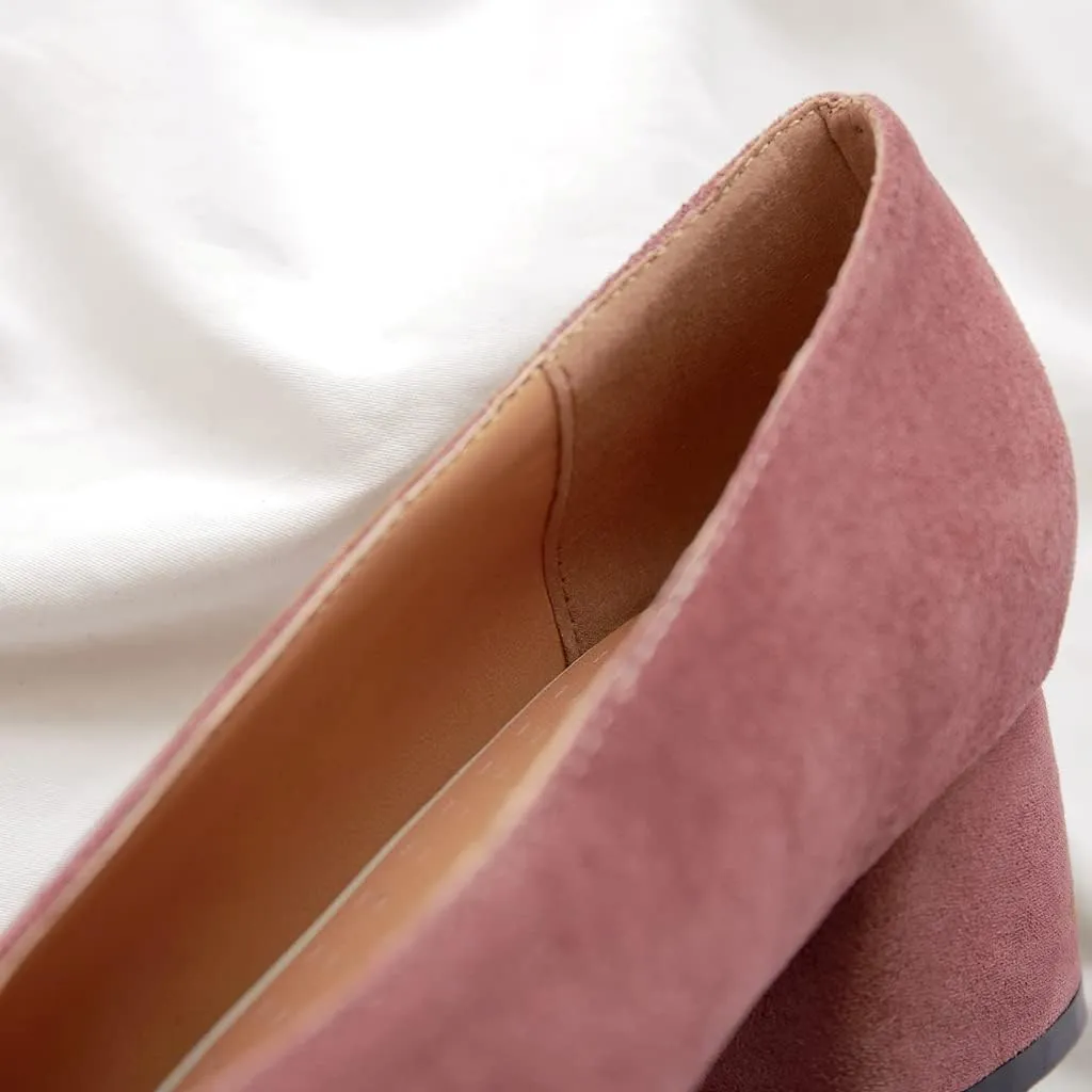 Women's Pointed Toe Chunky Block Mid Heel Pumps Suede Slip-On Loafer Casual Work Office Dress Shoes