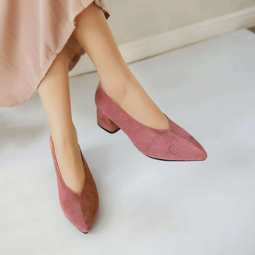 Women's Pointed Toe Chunky Block Mid Heel Pumps Suede Slip-On Loafer Casual Work Office Dress Shoes