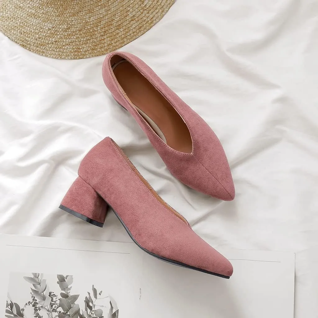 Women's Pointed Toe Chunky Block Mid Heel Pumps Suede Slip-On Loafer Casual Work Office Dress Shoes