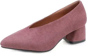 Women's Pointed Toe Chunky Block Mid Heel Pumps Suede Slip-On Loafer Casual Work Office Dress Shoes