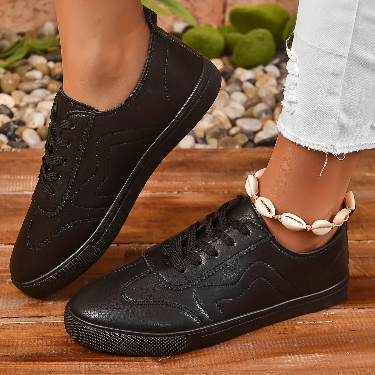 Womens Round Toe Lace up Casual Black Sneakers Shoes