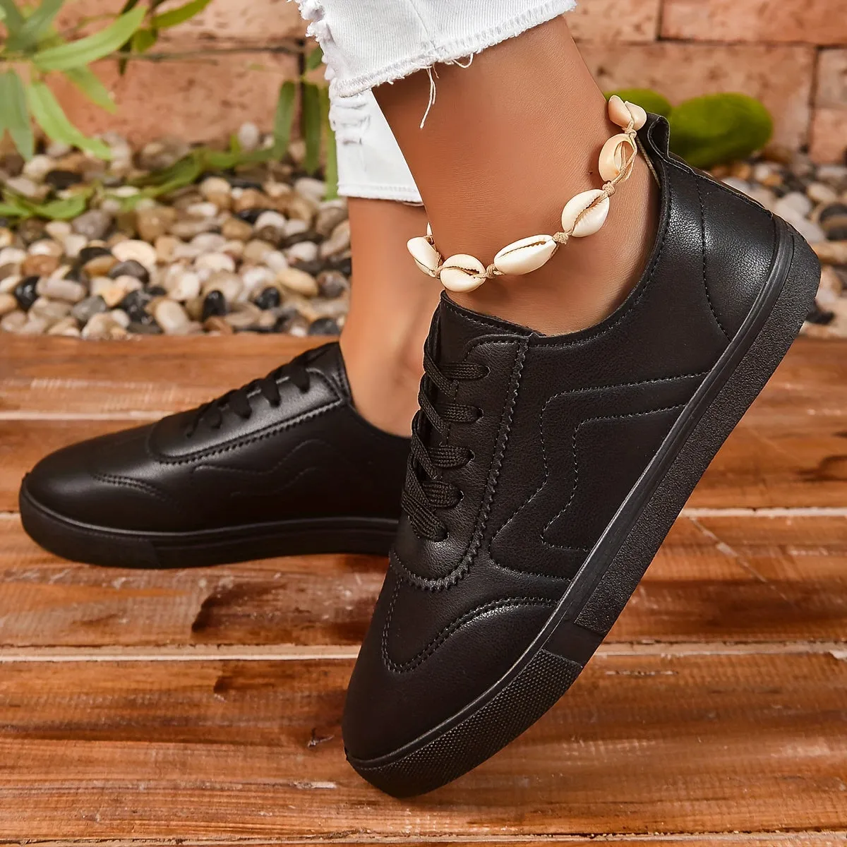 Womens Round Toe Lace up Casual Black Sneakers Shoes