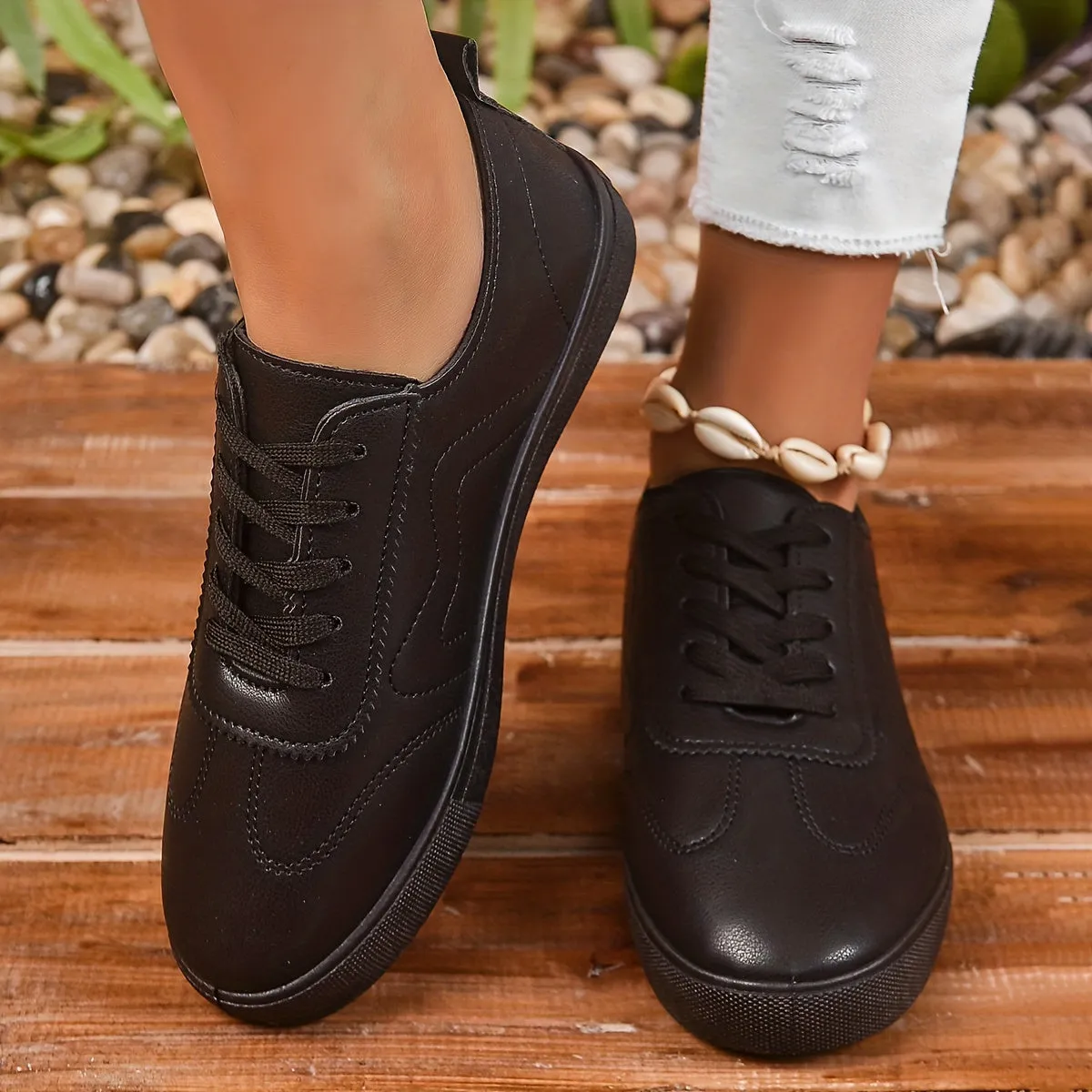 Womens Round Toe Lace up Casual Black Sneakers Shoes