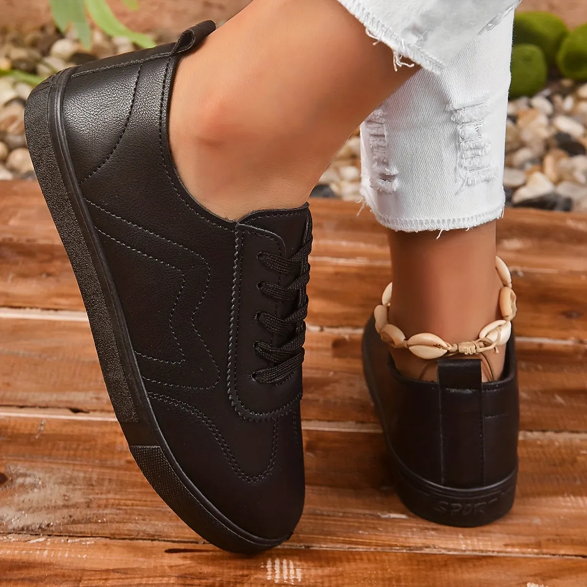 Womens Round Toe Lace up Casual Black Sneakers Shoes