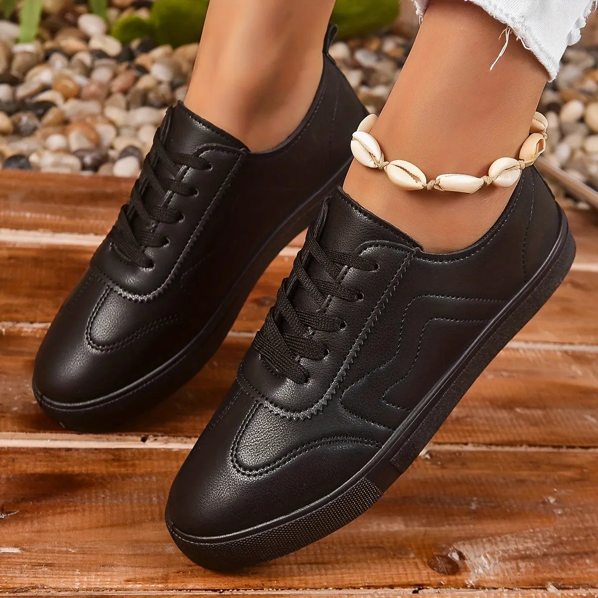 Womens Round Toe Lace up Casual Black Sneakers Shoes