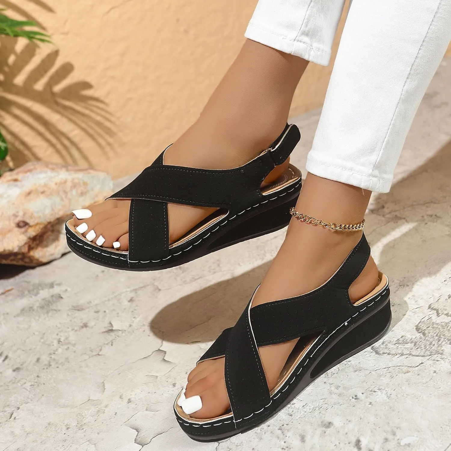 Women's Sandals Shoes Plantar Fasciitis 2025 Summer Comfort Wedge Open Toe Ankle Strap Wide Fit Cushion Sandals