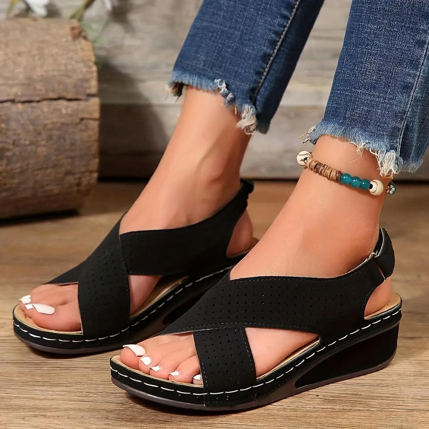 Women's Sandals Shoes Plantar Fasciitis 2025 Summer Comfort Wedge Open Toe Ankle Strap Wide Fit Cushion Sandals