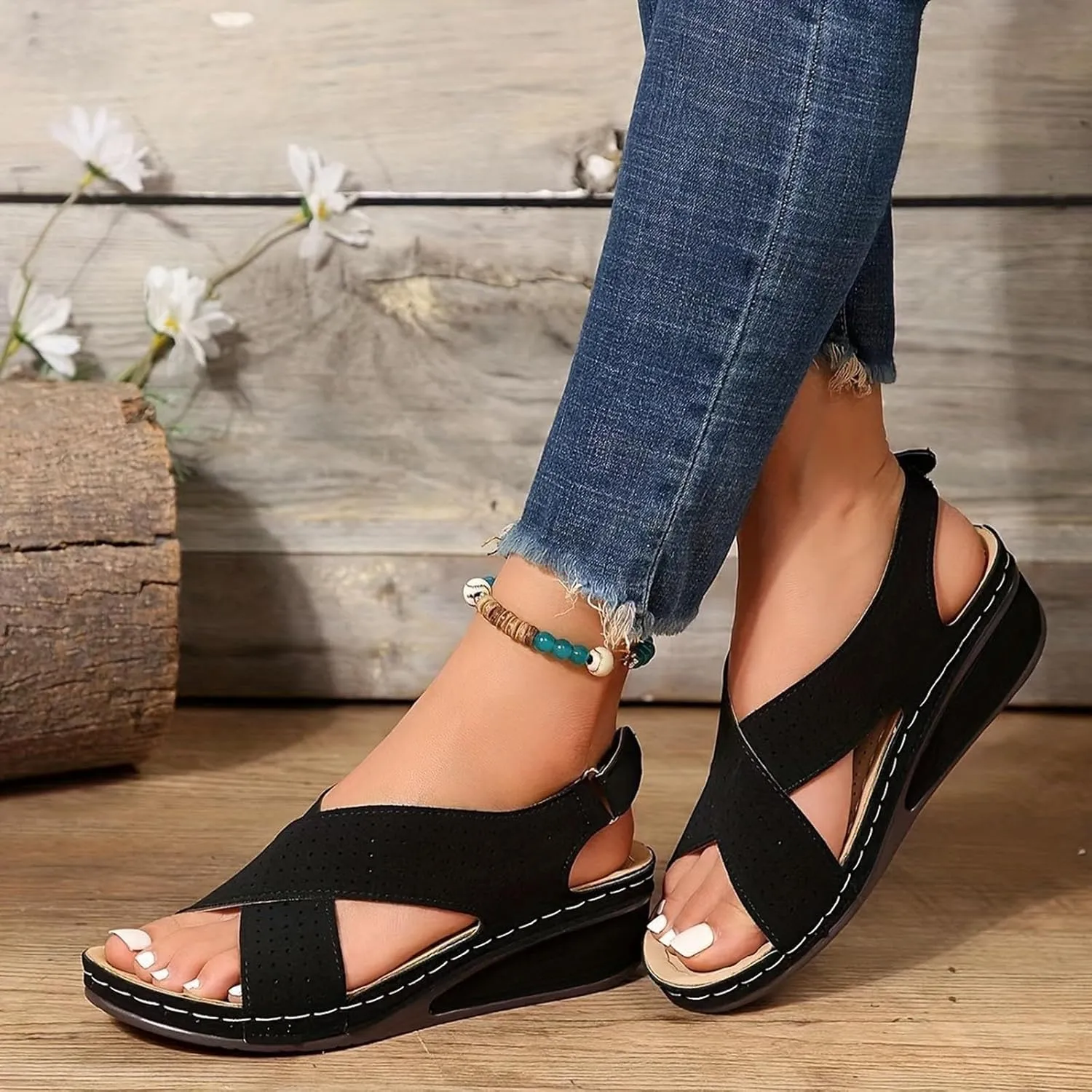 Women's Sandals Shoes Plantar Fasciitis 2025 Summer Comfort Wedge Open Toe Ankle Strap Wide Fit Cushion Sandals