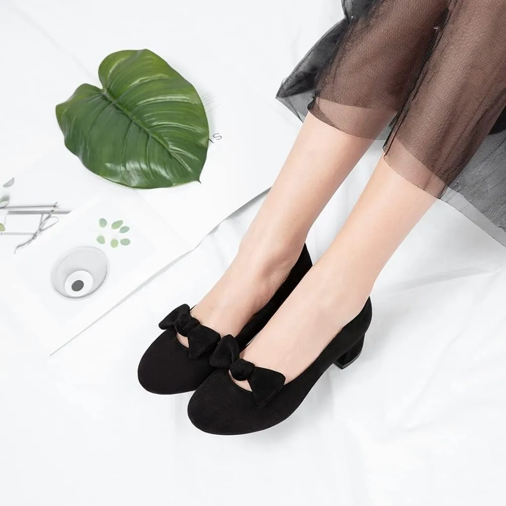 Women's Square Toe Comfy Kitten Low Heel Pumps Slip On Suede Classic Bowtie Office Work Dress Shoes