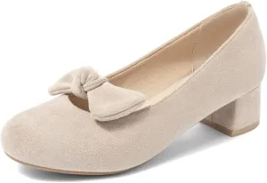 Women's Square Toe Comfy Kitten Low Heel Pumps Slip On Suede Classic Bowtie Office Work Dress Shoes