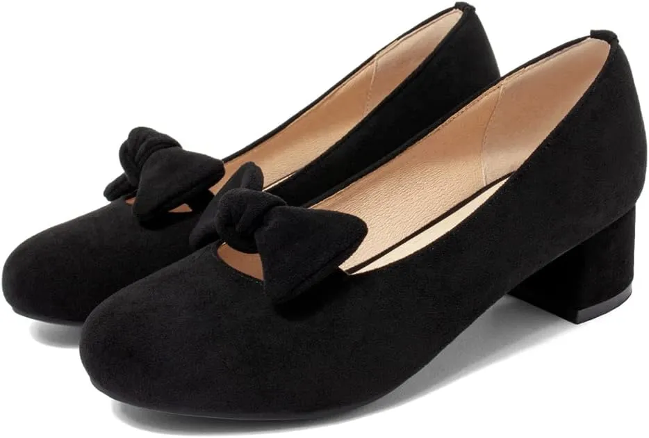 Women's Square Toe Comfy Kitten Low Heel Pumps Slip On Suede Classic Bowtie Office Work Dress Shoes
