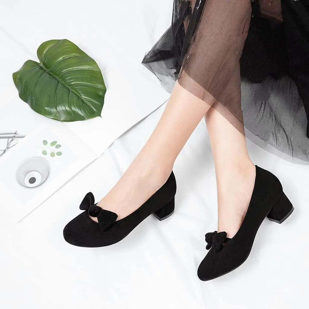 Women's Square Toe Comfy Kitten Low Heel Pumps Slip On Suede Classic Bowtie Office Work Dress Shoes