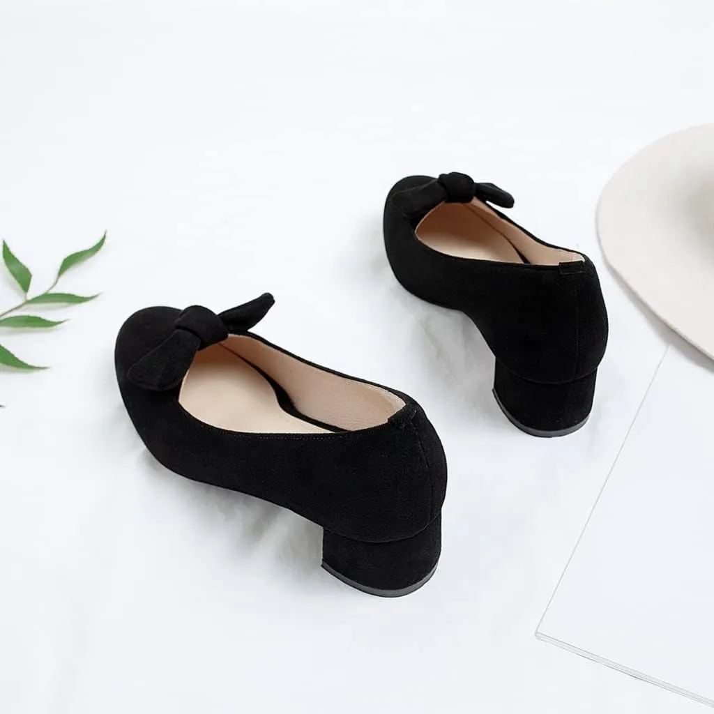 Women's Square Toe Comfy Kitten Low Heel Pumps Slip On Suede Classic Bowtie Office Work Dress Shoes