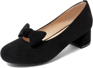 Women's Square Toe Comfy Kitten Low Heel Pumps Slip On Suede Classic Bowtie Office Work Dress Shoes