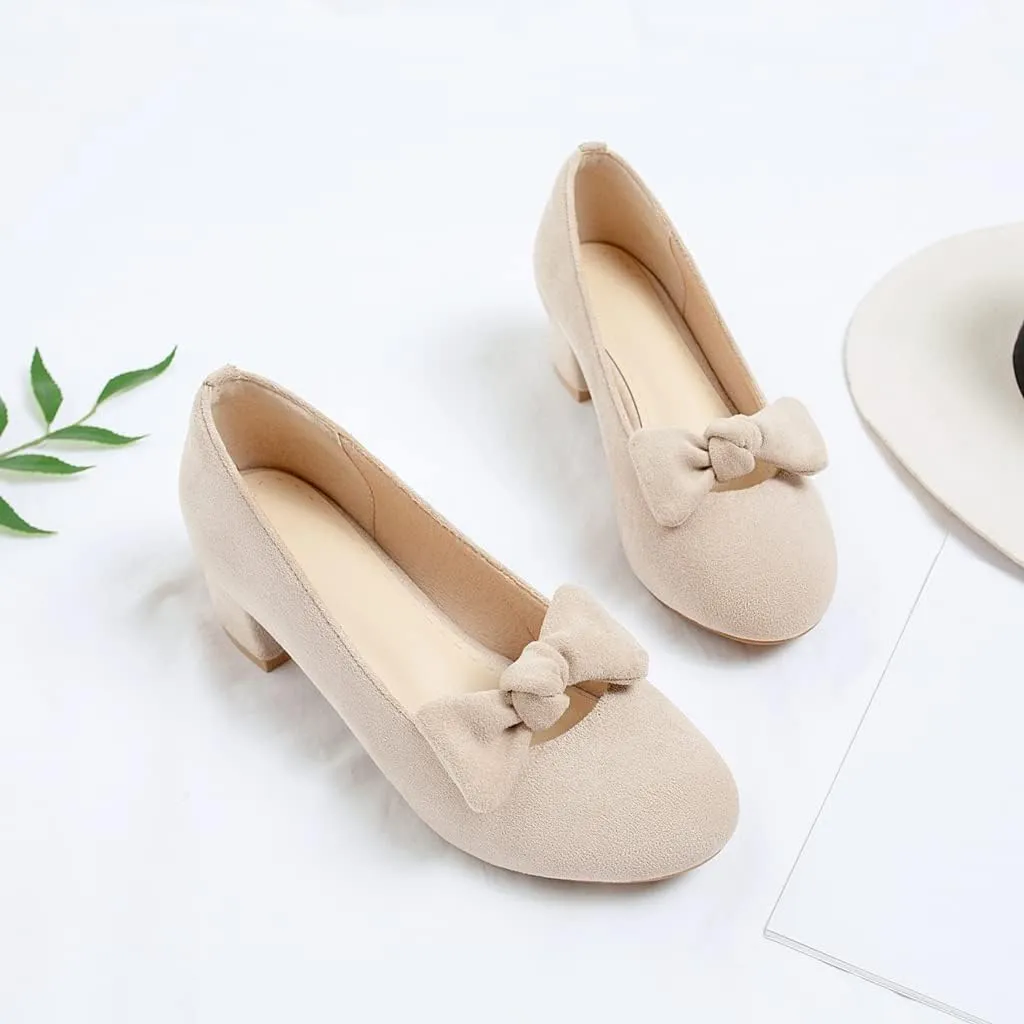 Women's Square Toe Comfy Kitten Low Heel Pumps Slip On Suede Classic Bowtie Office Work Dress Shoes