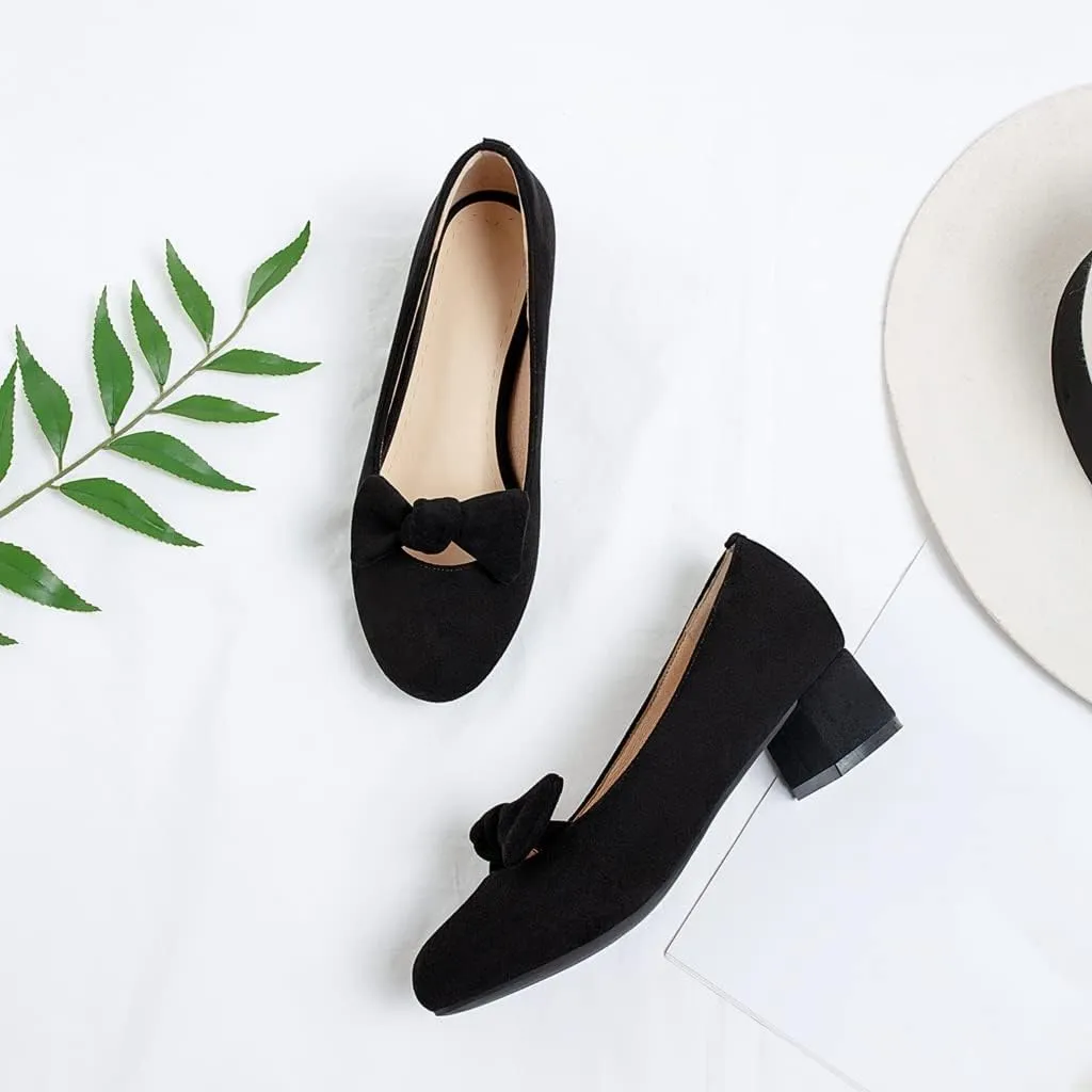 Women's Square Toe Comfy Kitten Low Heel Pumps Slip On Suede Classic Bowtie Office Work Dress Shoes