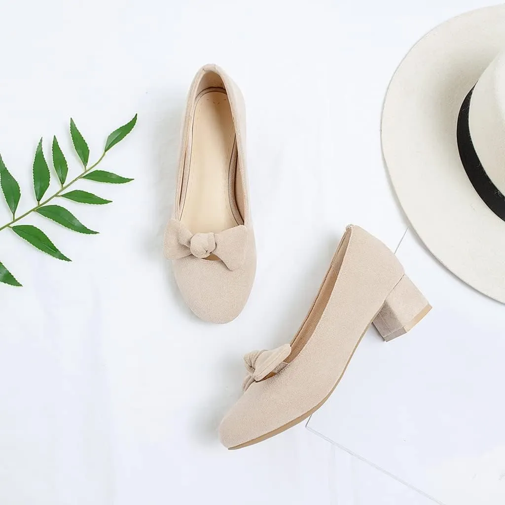 Women's Square Toe Comfy Kitten Low Heel Pumps Slip On Suede Classic Bowtie Office Work Dress Shoes