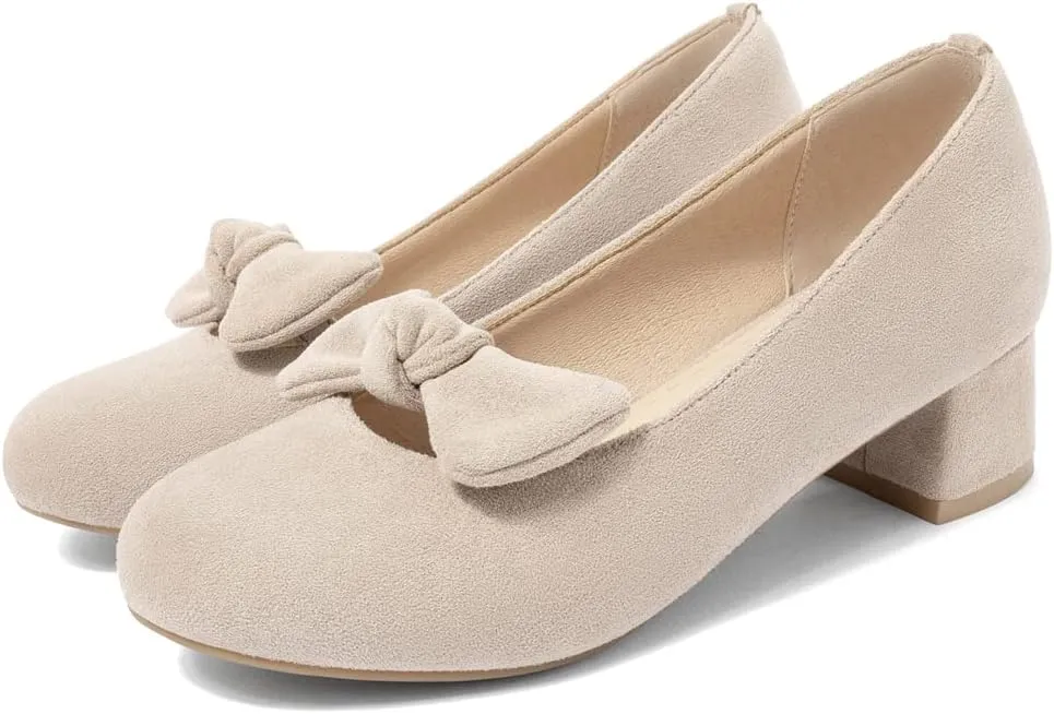 Women's Square Toe Comfy Kitten Low Heel Pumps Slip On Suede Classic Bowtie Office Work Dress Shoes