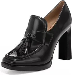 YDN Women Tassel Square Toe Penny Loafers Platform Chunky High Heel Pumps Slip on Work Office Outift Shoes Size 4-15 US