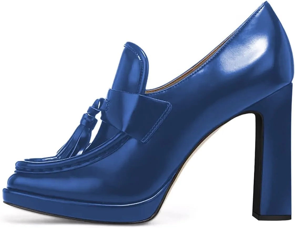 YDN Women Tassel Square Toe Penny Loafers Platform Chunky High Heel Pumps Slip on Work Office Outift Shoes Size 4-15 US