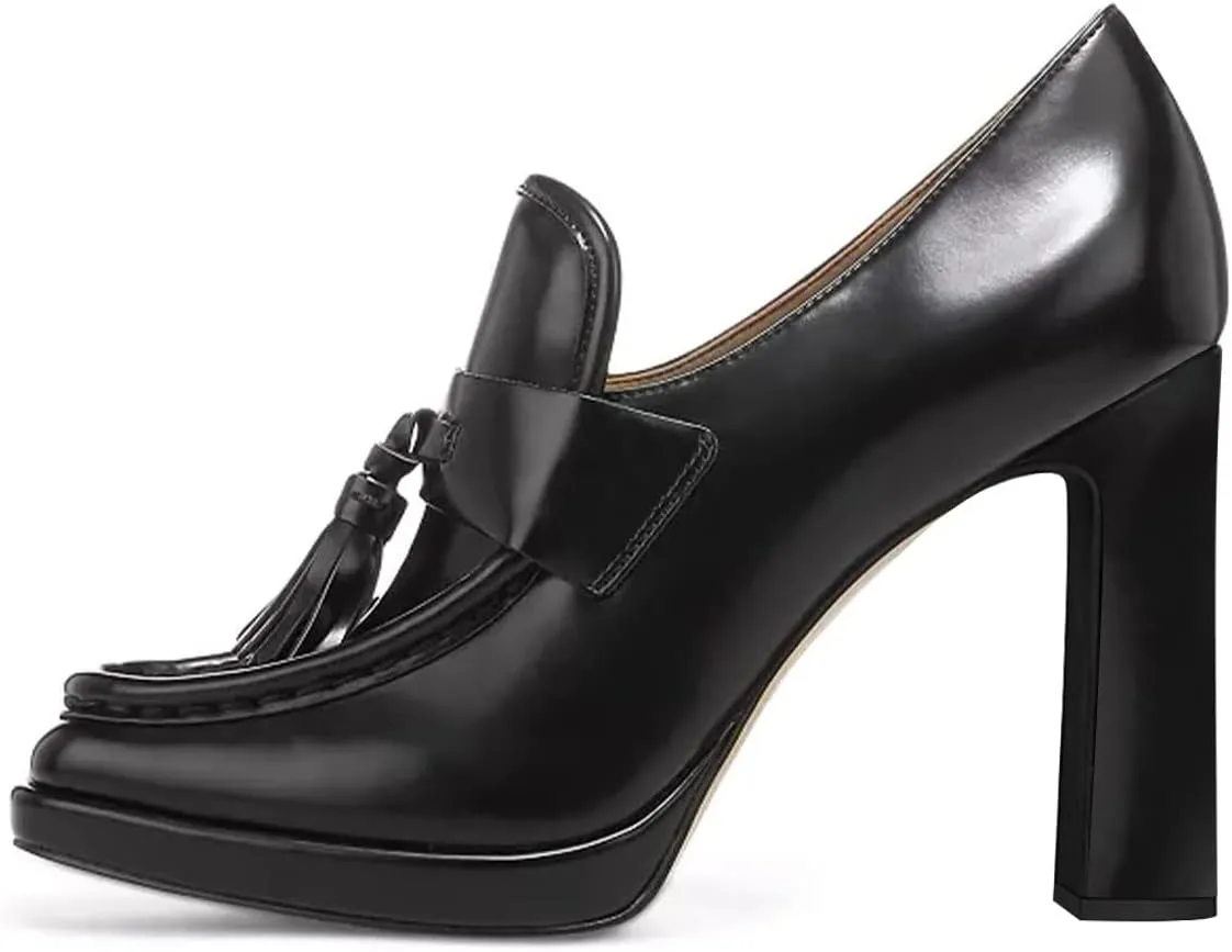 YDN Women Tassel Square Toe Penny Loafers Platform Chunky High Heel Pumps Slip on Work Office Outift Shoes Size 4-15 US