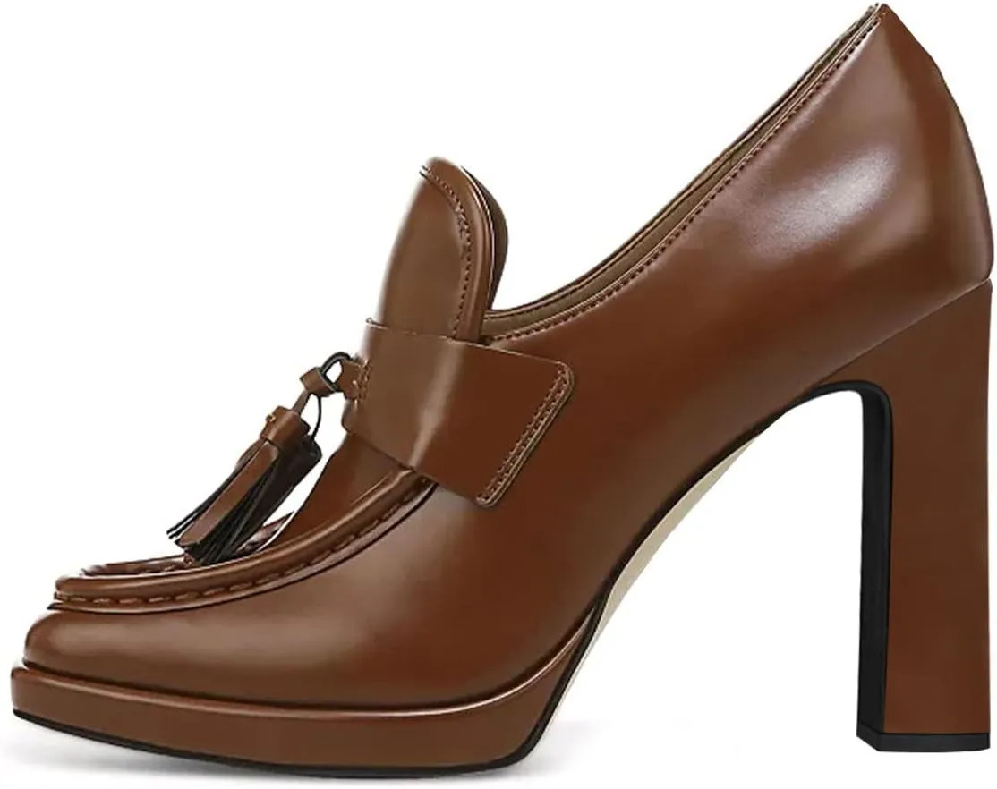 YDN Women Tassel Square Toe Penny Loafers Platform Chunky High Heel Pumps Slip on Work Office Outift Shoes Size 4-15 US