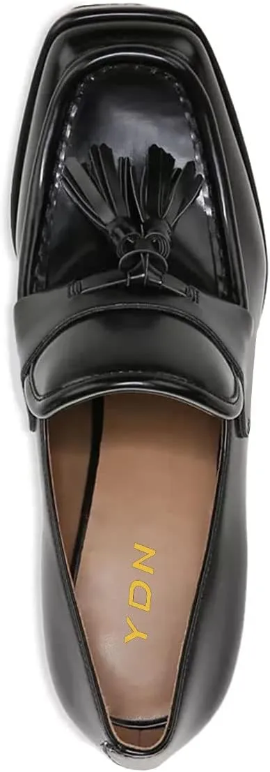 YDN Women Tassel Square Toe Penny Loafers Platform Chunky High Heel Pumps Slip on Work Office Outift Shoes Size 4-15 US