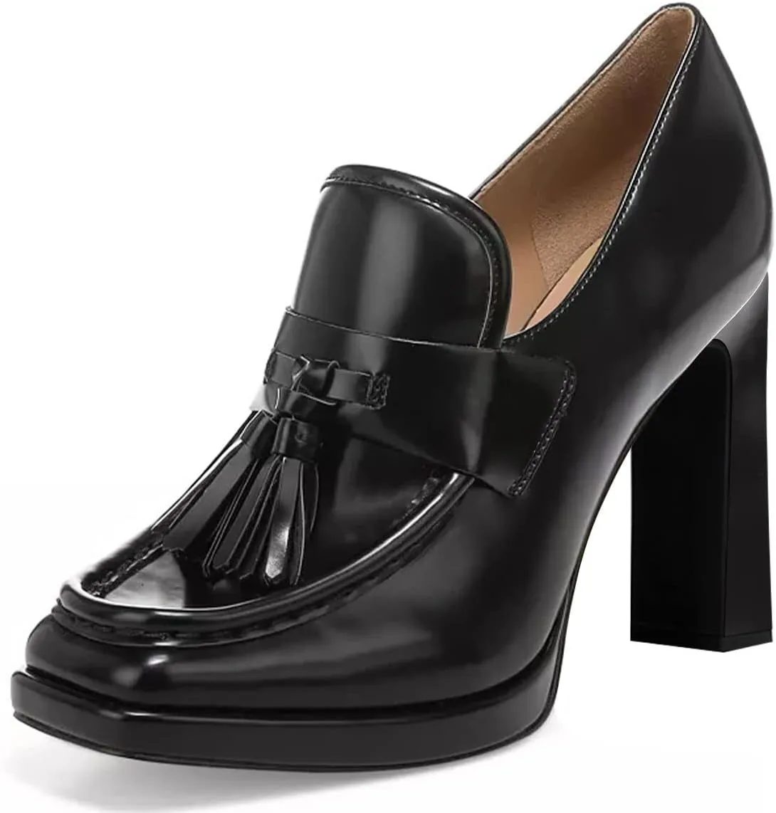 YDN Women Tassel Square Toe Penny Loafers Platform Chunky High Heel Pumps Slip on Work Office Outift Shoes Size 4-15 US