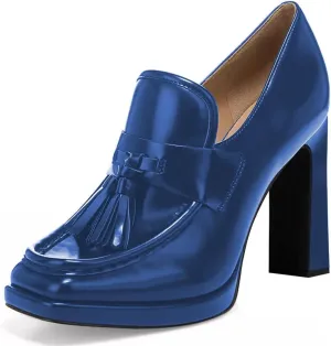 YDN Women Tassel Square Toe Penny Loafers Platform Chunky High Heel Pumps Slip on Work Office Outift Shoes Size 4-15 US