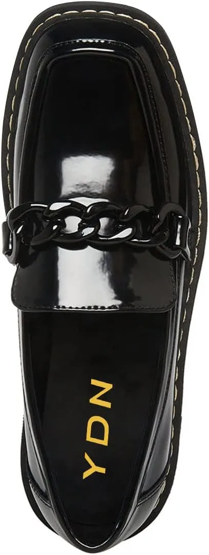 YDN Women Thick Platform Penny Loafers Round Toe Chunky Low Heel Pumps Chain Slip on Outdoor Walking Shoes Size 4-15 US